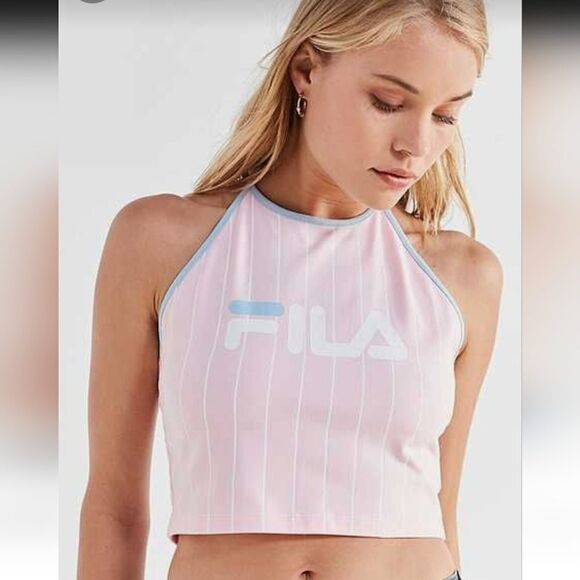 5/$20 Fila X Urban Outfitters Luann Striped Pink Cropped Halter Top NEW Large - Picture 1 of 10